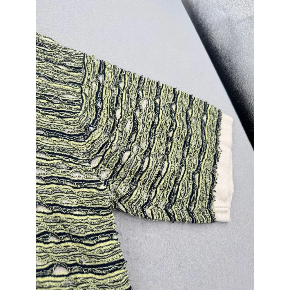Zara Man Open Knit Striped Sweater Mens XL Green/Black Distressed Mesh Indie